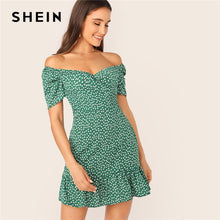 Load image into Gallery viewer, SHEIN Green Off Shoulder Wrap Front Ruffle Hem Ditsy Floral Mini Dress Women Summer Puff Sleeve High Waist Boho Slim Dresses