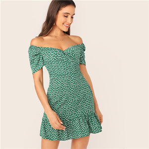 SHEIN Green Off Shoulder Wrap Front Ruffle Hem Ditsy Floral Mini Dress Women Summer Puff Sleeve High Waist Boho Slim Dresses