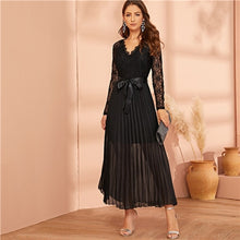 Load image into Gallery viewer, SHEIN Black Lace Panel Plisse Hem Belted Pleated Sheer Dress Women Autumn V-neck Fit and Flare High Waist Party Long Dresses