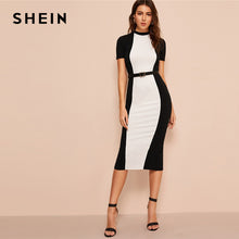 Load image into Gallery viewer, SHEIN Colorblock Bodycon Pencil Midi Dress Without Belt Women Multicolor Stand Collar Weekend Casual Ladies Long Sheath Dress