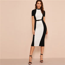 Load image into Gallery viewer, SHEIN Colorblock Bodycon Pencil Midi Dress Without Belt Women Multicolor Stand Collar Weekend Casual Ladies Long Sheath Dress