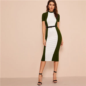 SHEIN Colorblock Bodycon Pencil Midi Dress Without Belt Women Multicolor Stand Collar Weekend Casual Ladies Long Sheath Dress