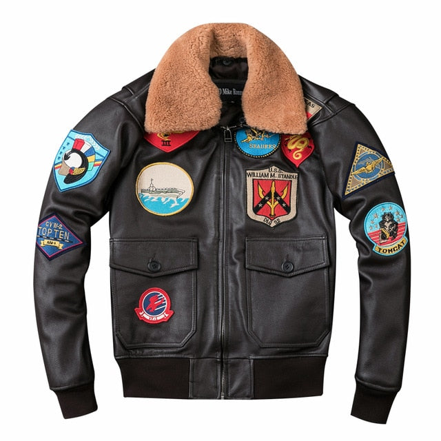 Brown Men TOP GUN Pilot Leather Jacket Wool Collar Plus Genuine Aviator Coat