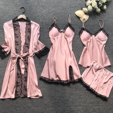 Load image into Gallery viewer, QWEEK Summer 2019 Women Pajama Sets 4 Pcs Sexy Lace Pyjamas Women Satin Silk Sleepwear Elegant Pijama with Chest Pads Homewear