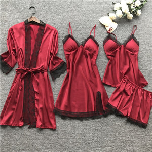 QWEEK Summer 2019 Women Pajama Sets 4 Pcs Sexy Lace Pyjamas Women Satin Silk Sleepwear Elegant Pijama with Chest Pads Homewear