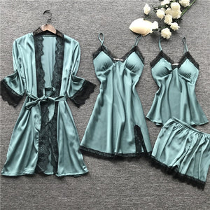 QWEEK Summer 2019 Women Pajama Sets 4 Pcs Sexy Lace Pyjamas Women Satin Silk Sleepwear Elegant Pijama with Chest Pads Homewear