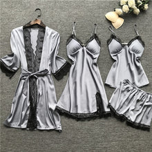 Load image into Gallery viewer, QWEEK Summer 2019 Women Pajama Sets 4 Pcs Sexy Lace Pyjamas Women Satin Silk Sleepwear Elegant Pijama with Chest Pads Homewear