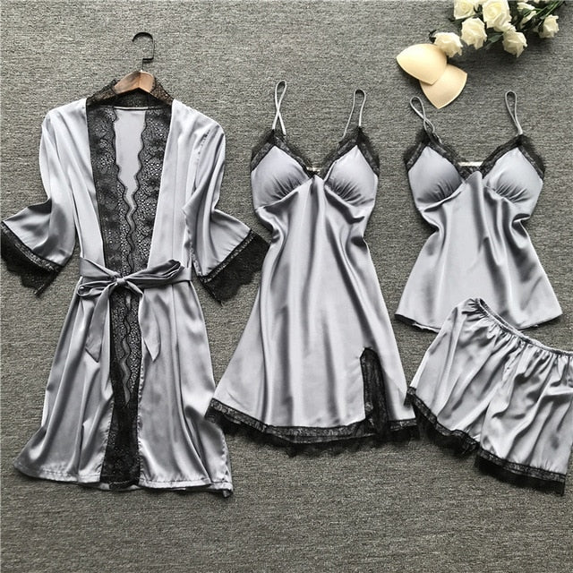 QWEEK Summer 2019 Women Pajama Sets 4 Pcs Sexy Lace Pyjamas Women Satin Silk Sleepwear Elegant Pijama with Chest Pads Homewear