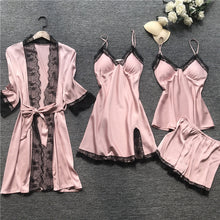 Load image into Gallery viewer, QWEEK Summer 2019 Women Pajama Sets 4 Pcs Sexy Lace Pyjamas Women Satin Silk Sleepwear Elegant Pijama with Chest Pads Homewear