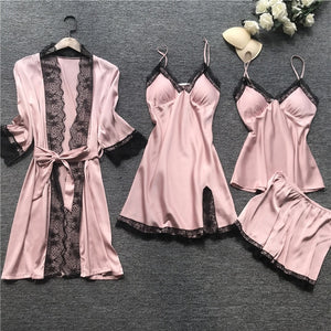 Women Pajamas  Sleepwear Silk 4 Pieces Nightwear