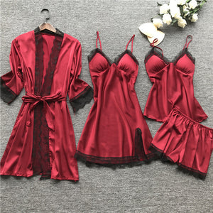 Women Pajamas  Sleepwear Silk 4 Pieces Nightwear