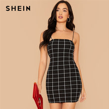 Load image into Gallery viewer, SHEIN Black Grid Print Bodycon Slip Dress Women Summer Autumn Slim Fit Spaghetti Strap Sexy Night Out Plaid Pencil Mini Dresses