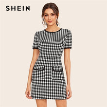 Load image into Gallery viewer, SHEIN Black And White Flap Pocket Houndstooth Ringer Elegant Dress Women 2019 Autumn Short Sleeve Contrast Binding Short Dresses