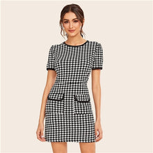 Load image into Gallery viewer, SHEIN Black And White Flap Pocket Houndstooth Ringer Elegant Dress Women 2019 Autumn Short Sleeve Contrast Binding Short Dresses