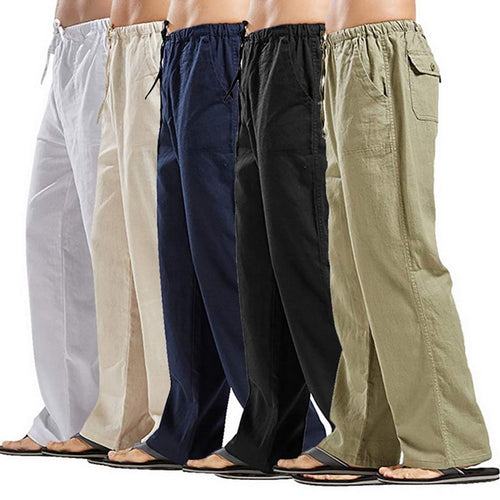 Men Drawstring Cotton Linen Long Pants With Pockets Cargo Pants