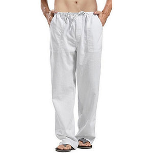 Men Drawstring Cotton Linen Long Pants With Pockets Cargo Pants