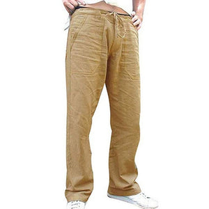 Men Drawstring Cotton Linen Long Pants With Pockets Cargo Pants