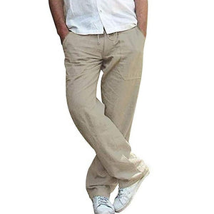 Men Drawstring Cotton Linen Long Pants With Pockets Cargo Pants