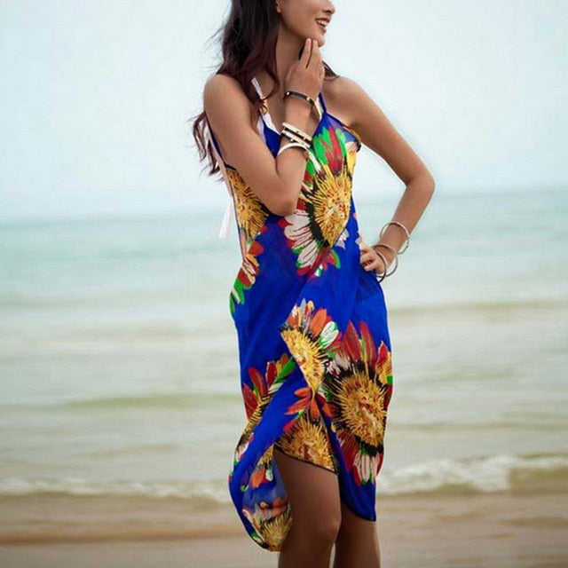 Sfit 2019 New Women Halter Lightweight Chiffon Floral Print Beach Cover Up Towel Silk Sling Beach Bikini Open-Back Beach Dress