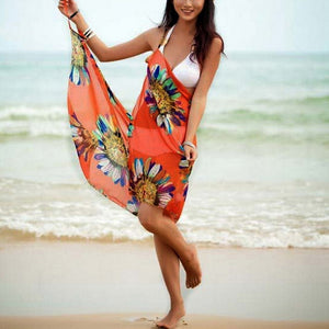 Sfit 2019 New Women Halter Lightweight Chiffon Floral Print Beach Cover Up Towel Silk Sling Beach Bikini Open-Back Beach Dress