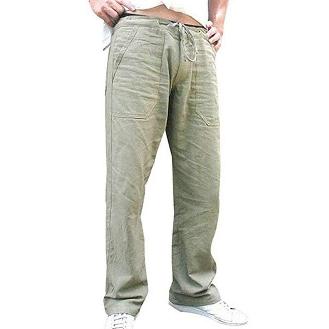 Men Drawstring Cotton Linen Long Pants With Pockets Cargo Pants