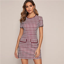 Load image into Gallery viewer, SHEIN Black And White Flap Pocket Houndstooth Ringer Elegant Dress Women 2019 Autumn Short Sleeve Contrast Binding Short Dresses