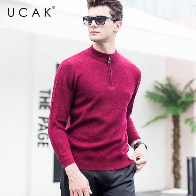 UCAK Brand Sweater Men Autumn Winter Thick Warm Zipper Turtleneck Pull Homme Merino Woolen Pullover Men Cashmere Sweaters U3017