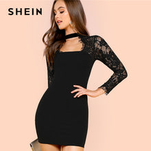 Load image into Gallery viewer, SHEIN Black Lace Insert Solid Form Fitting Dress Party Sexy Sweetheart Neckline Short Pencil Dresses Women Bodycon Autumn Dress