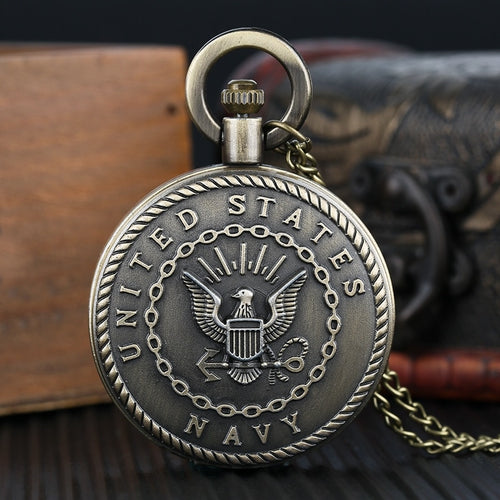 Vintage Bronze Antique Retro United States Navy Badge Military Man Necklace Pendant Gift Quartz Pocket Watch Chain for Men Women