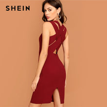 Load image into Gallery viewer, SHEIN Burgundy Plunging Neck Pencil Dress Solid Sleeveless V Neck Bodycon Dress Elegant Party Autumn Modern Lady Women Dresses