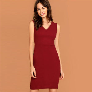 SHEIN Burgundy Plunging Neck Pencil Dress Solid Sleeveless V Neck Bodycon Dress Elegant Party Autumn Modern Lady Women Dresses