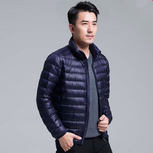 Load image into Gallery viewer, QUANBO Brand Autumn Winter Light Down Jacket Men&#39;s Fashion Hooded Short Large Ultra-thin Lightweight Youth Slim Coat 5XL