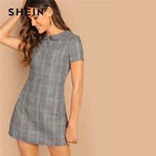 Load image into Gallery viewer, SHEIN Grey 100% Cotton Peter-Pan-Collar Plaid Short Sheath Short Sleeve Flared Dress Autumn Elegant Modern Lady Women Dresses