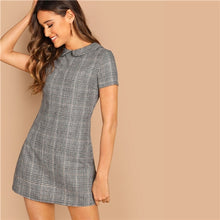 Load image into Gallery viewer, SHEIN Grey 100% Cotton Peter-Pan-Collar Plaid Short Sheath Short Sleeve Flared Dress Autumn Elegant Modern Lady Women Dresses