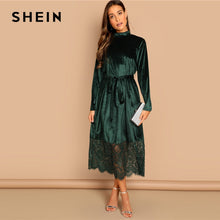 Load image into Gallery viewer, SHEIN Green Waist Belted Mock-Neck Velvet Dress Long Sleeve Lace Hem Solid Dress Casual Elegant Women Autumn Modern Lady Dresses