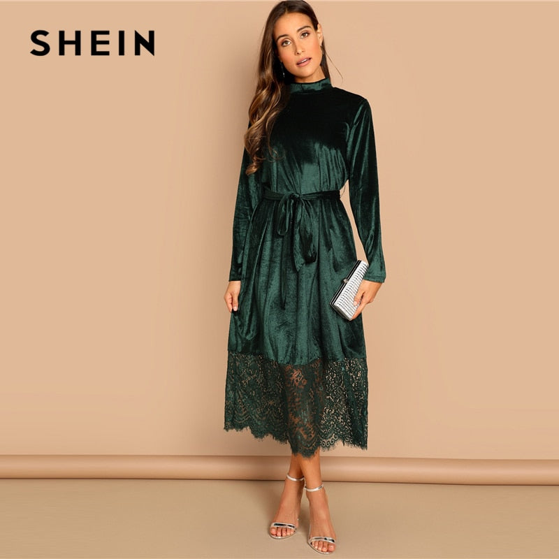 SHEIN Green Waist Belted Mock-Neck Velvet Dress Long Sleeve Lace Hem S –  Yusen and Miller Distribution Services