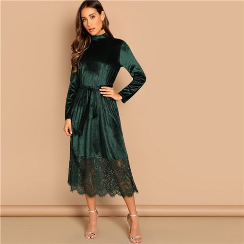 SHEIN Green Waist Belted Mock-Neck Velvet Dress Long Sleeve Lace Hem Solid Dress Casual Elegant Women Autumn Modern Lady Dresses