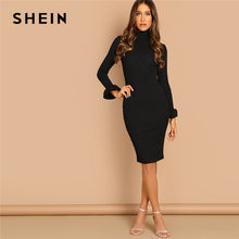 Load image into Gallery viewer, SHEIN Black Flounce Sleeve Pencil Knee Length High Neck Bodycon Plain Dress Casual Elegant Women Autumn Modern Lady Dresses