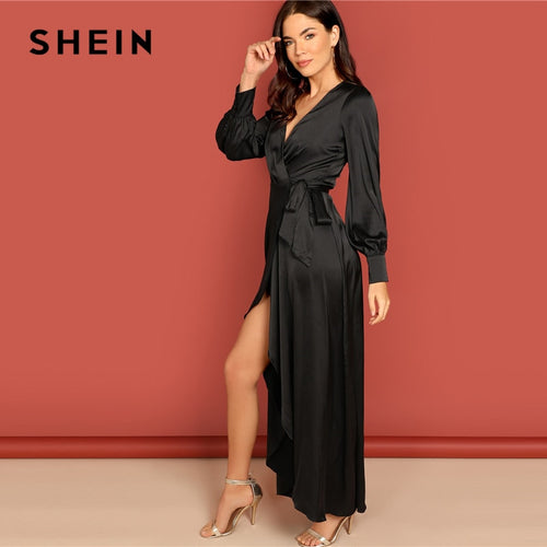 SHEIN Black Deep V Neck Knot Side Surplice Wrap Split High Waist Dress Women A Line Summer Modern Lady Elegant Dress