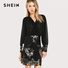 Load image into Gallery viewer, SHEIN Black See Through Wrap Floral Sequin Bodice Party Dress Women 2019 Spring V Neck Long Sleeve Sheath Slim Elegant Dresses