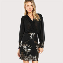 Load image into Gallery viewer, SHEIN Black See Through Wrap Floral Sequin Bodice Party Dress Women 2019 Spring V Neck Long Sleeve Sheath Slim Elegant Dresses