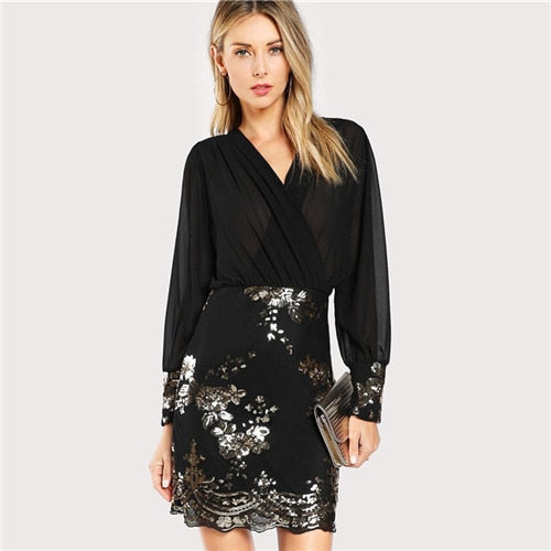 SHEIN Black See Through Wrap Floral Sequin Bodice Party Dress Women 2019 Spring V Neck Long Sleeve Sheath Slim Elegant Dresses