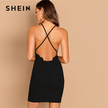 Load image into Gallery viewer, SHEIN Black Scallop Trim Halter Dress Elegant Spaghetti Strap Solid Slim Short Dress Summer Modern Lady Women Sexy Party Dresses