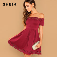 Load image into Gallery viewer, SHEIN Burgundy Elegant Off Shoulder Laser Cut Fit and Flare Mid Waist Mini Dress Women Summer Short Sleeve A Line Party Dresses