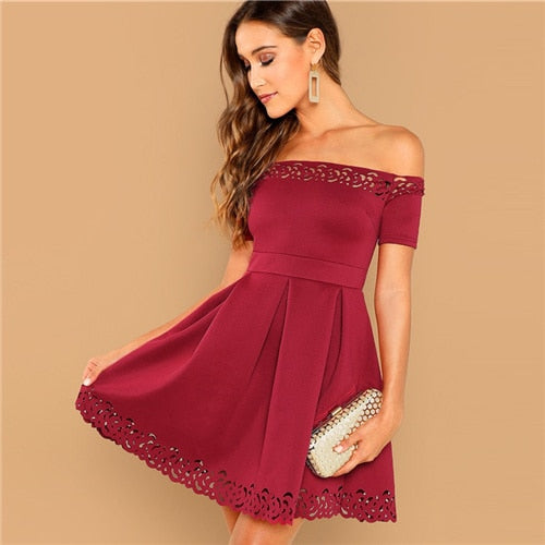 SHEIN Burgundy Elegant Off Shoulder Laser Cut Fit and Flare Mid Waist Mini Dress Women Summer Short Sleeve A Line Party Dresses