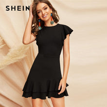 Load image into Gallery viewer, SHEIN Elegant Black V-Back Layered Ruffle Hem Flutter Sleeve Summer Party Dress Women Solid Fit and Flare A Line Classy Dresses