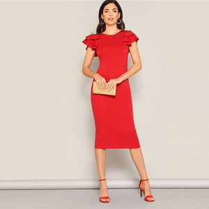 SHEIN Red Layered Ruffle Sleeve Crisscross Back Bodycon Dress Women Summer Elegant Sleeveless Solid Slim Midi Party Dress