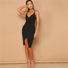 Load image into Gallery viewer, SHEIN Sexy Black Overlap Split Front Backless Bodycon Summer Midi Cami Dress Women Straps V Neck Wrap Sheath Club Slim Dresses