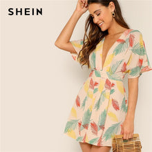 Load image into Gallery viewer, SHEIN Plunge Neck Tied Open Back Tropical Dress Deep V Neck Fit and Flare Women Dresses 2019 Short Sleeve Summer Dress