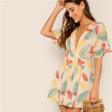 Load image into Gallery viewer, SHEIN Plunge Neck Tied Open Back Tropical Dress Deep V Neck Fit and Flare Women Dresses 2019 Short Sleeve Summer Dress